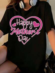 Camiseta Negra con Diseño de Corazón para el Día de la Madre, Regalo para el Día de la Madre, Ropa Casual para Celebración de San Valentín, Playera Holgada para Mujer - Negro - Ver 7