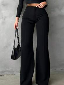 Plus Size Women's Solid Color Casual Elegant High Waist Straight Leg Pants, Suitable For Daily Wear, Office Commute, Vacation, Party, Black, Spring - Black - View 1