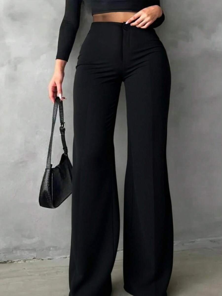 Plus Size Women's Solid Color Casual Elegant High Waist Straight Leg Pants, Suitable For Daily Wear, Office Commute, Vacation, Party, Black, Spring - Black - View 1