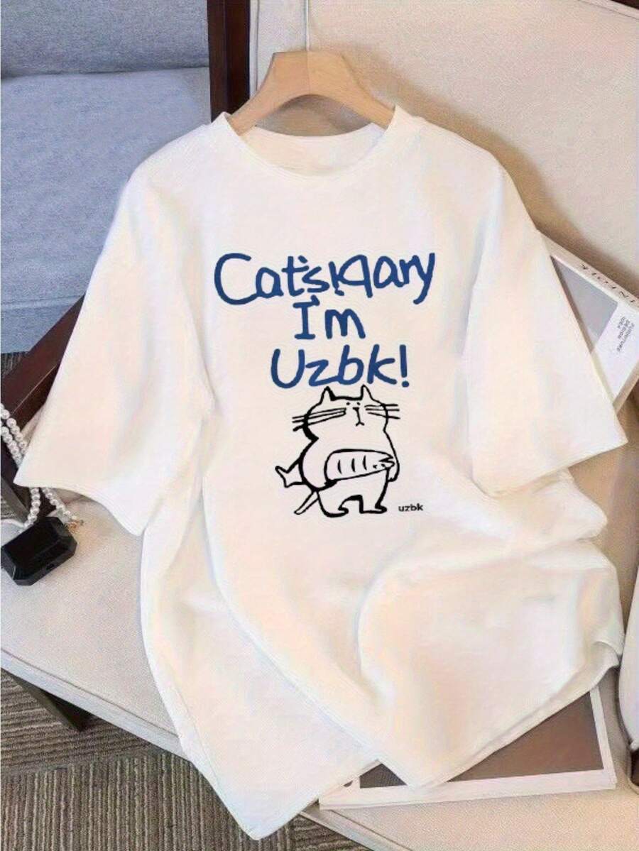 Modern And Minimalist Women's T-Shirt With A Fun Cat Design, Catsky Im Uzbk! Cat Design - A Short-Sleeved Summer T-Shirt In White And Blue, Casual Top, Suitable For Culture Enthusiasts, Charming And Cute For Everyday Wear, Short-Sleeved Printed Top, Stylish Women's Clothing For Everyday Casual Wear. - 白色 - 查看 1