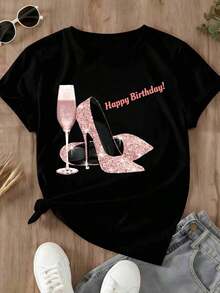 Women's Short-Sleeved T-Shirt With A Mexican Birthday Theme, Featuring A Sparkly Heel And Champagne Glass Print, And The Text "Happy Birthday" For Party Celebrations. Cotton T-Shirt, Summer Fashion. - 黑色 - 查看 3