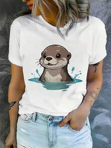Modern Minimalist White Short-Sleeved T-Shirt With A Cute And Fashionable Design Print, Ideal For Parties And Holidays, Fashionable Clothing For All Seasons, Festive Clothing, Opaque Fabric For Casual Daily Wear. - 白色 - 查看 7