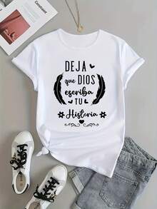 Women's Cotton T-Shirts With Round Neck, Casual Feather And Letter Print, Loose And Comfortable Plus Size Women's T-Shirt, Suitable For Work, Going Out And Home Use, Plus Size Women's Spring/Summer T-Shirt, Simple T-Shirt For Everyday Use. - 白色 - 查看 7