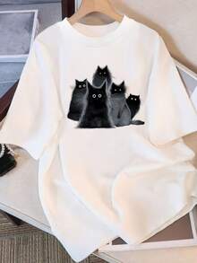 Women's Cotton T-Shirts With Round Neck, Women's Summer Casual Clothing, Fluffy Black Kitten Print T-Shirt, Pure Cotton Round Neck Top, Simple T-Shirt For Everyday Wear. - 黑色 - 查看 6