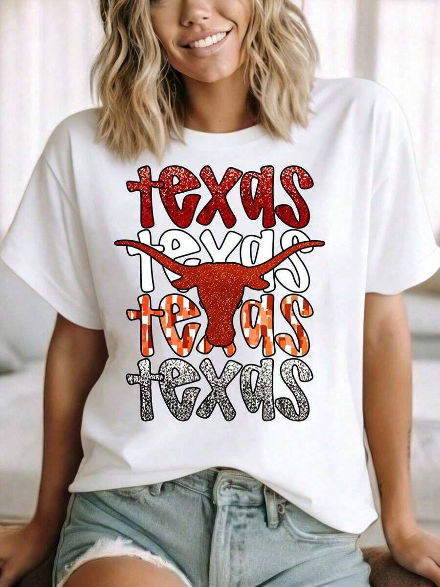 Women's Texas State Pride Longhorn Graphic T-Shirt, Casual Wear, Festival Outfit, Country Style, Cotton T-Shirt, Summer Fashion - 白色 - 查看 1