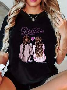 Women's Casual Short-Sleeved Top With Best Friend Pattern Design - 黑色 - 查看 6
