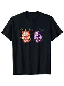 Men's 100% Black T-Shirt With Sun And Moon Cartoon Characters - Casual Loose Fit Breathable Short Sleeve Crew Neck T-Shirt, All Season Comfort, Casual Outfit, Easy Care, Soft Fabric For Summer And Year-Round Wear (Adult Men's) - 黑色 - 查看 1