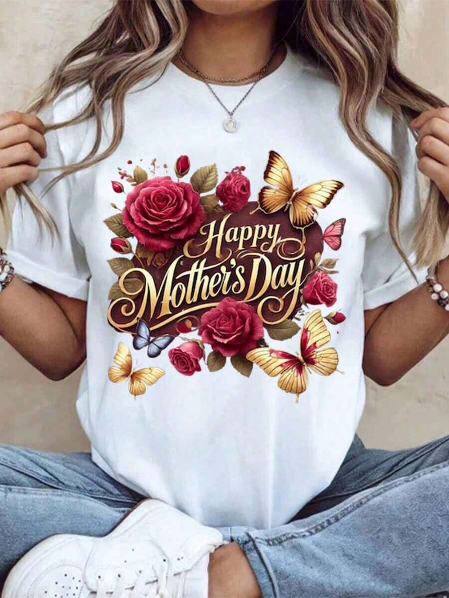 Happy Mother's Day T-Shirt With Roses And Butterflies Design For Women, Casual T-Shirt For Mother's Day Gift, 220g - Urban Vintage Style, Unisex, 100% Pure Cotton, Short Sleeve, Round Neck. - 白色 - 查看 1