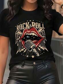 Women's T-Shirt With Vintage Rock Microphone Graphic Design - A Casual Short-Sleeved Crew Neck T-Shirt, Perfect For Summer Fashion, A Versatile Garment For All Seasons And Casual Wear - A Vintage Rock Design With A Comfortable Fit, Perfect For Rock 'n' Roll. Cool Summer Clothing For Women. - 黑色 - 查看 1