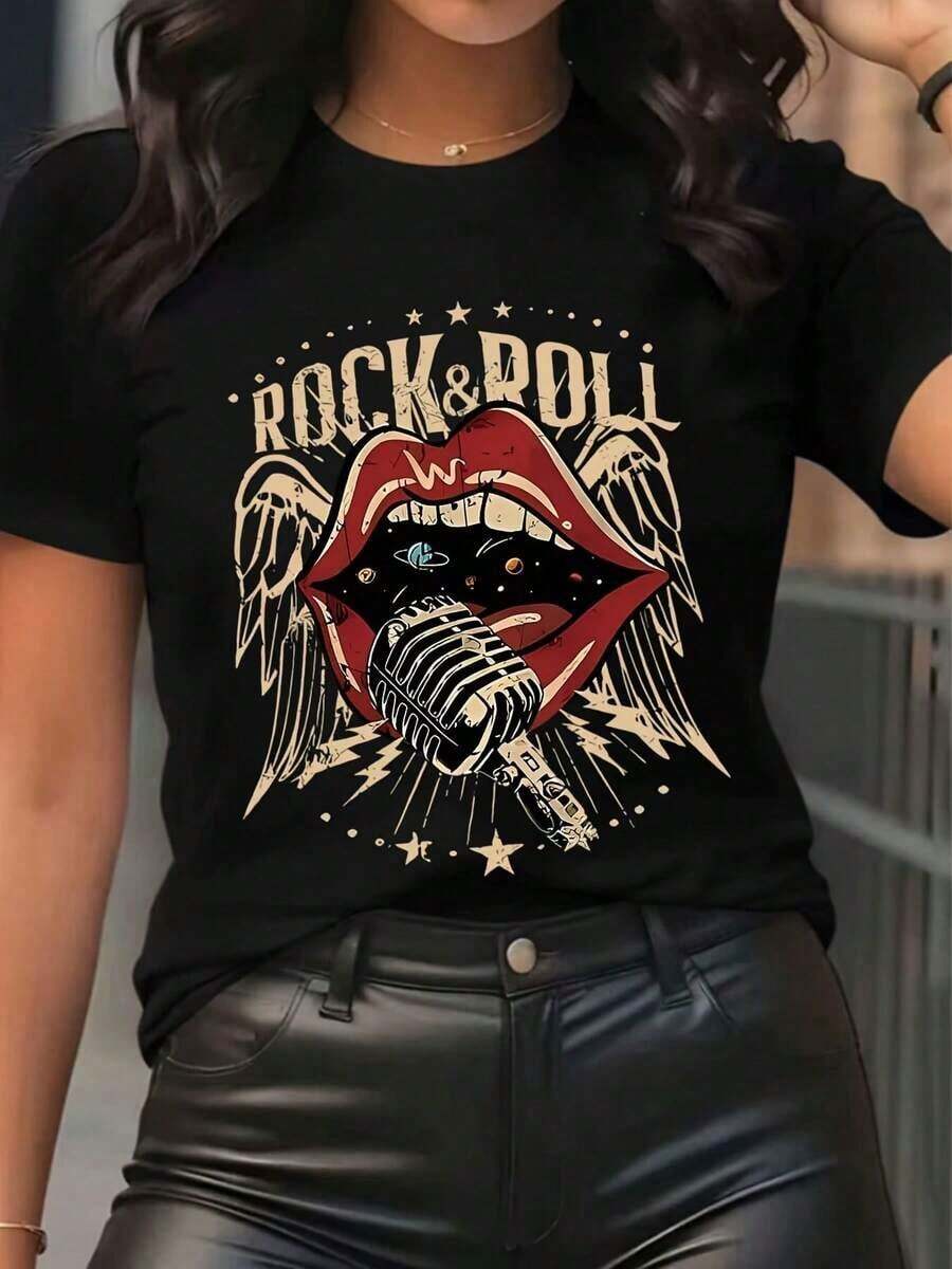 Women's T-Shirt With Vintage Rock Microphone Graphic Design - A Casual Short-Sleeved Crew Neck T-Shirt, Perfect For Summer Fashion, A Versatile Garment For All Seasons And Casual Wear - A Vintage Rock Design With A Comfortable Fit, Perfect For Rock 'n' Roll. Cool Summer Clothing For Women. - 黑色 - 查看 1