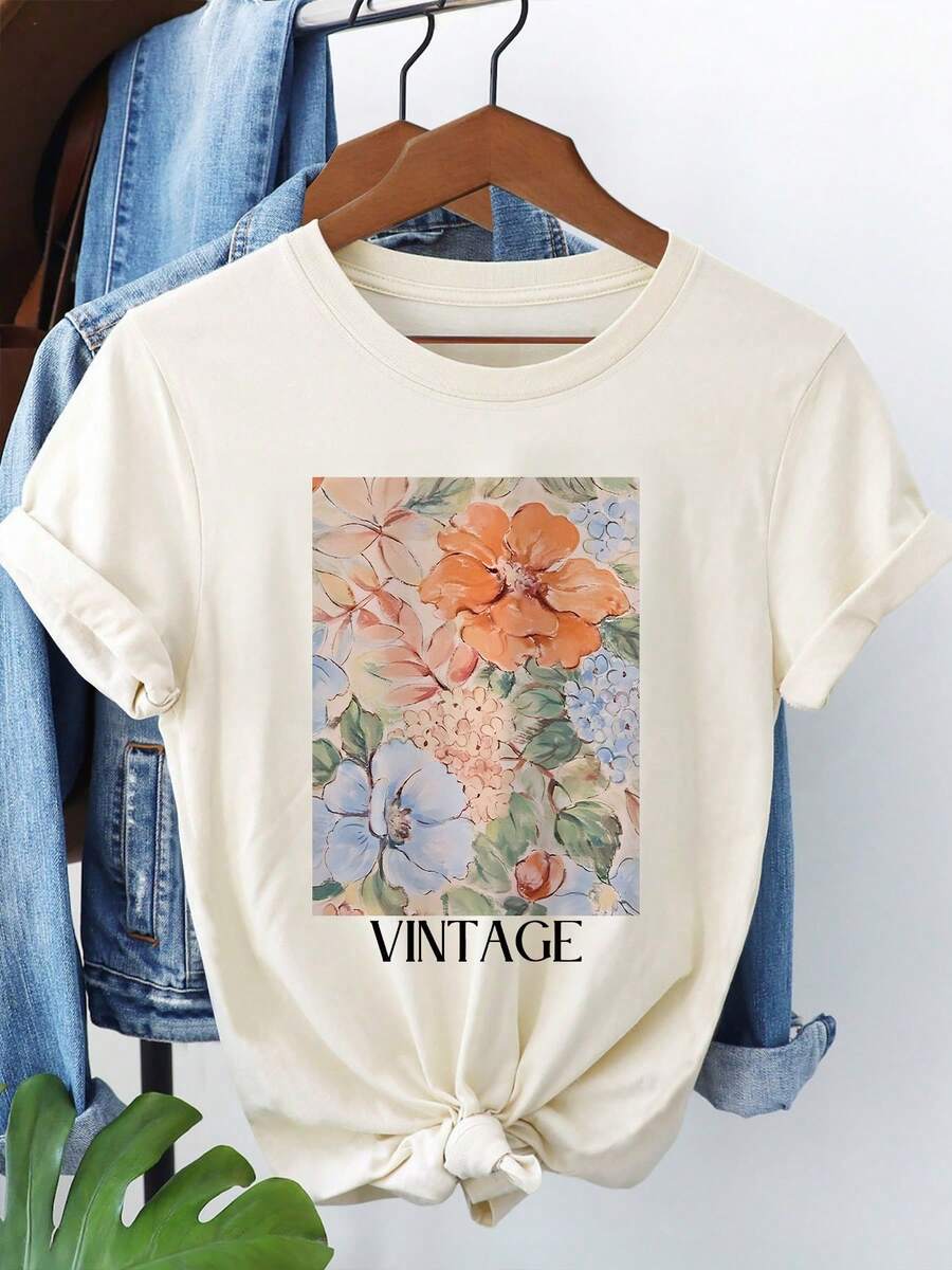 Modern, Casual Women's Top, Perfect For Parties And Lounging At Home, 100% Cotton, Loose Fit. Women's Printed T-Shirts Vintage Floral And Letter Print T-Shirt - Soft Beige, Short Sleeve, Crew Neck, Loose Fit, Machine Washable For Spring And Summer, Women's T-Shirts, Casual Wear, All Seasons Wear, 100% Cotton - 杏色 - 查看 1
