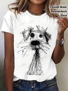 T-Shirt For Women And Teen Dog Lovers - Geometric Print With Hand-Drawn Design On White, Soft And Breathable Crew Neck, Machine Washable Casual Wear, Pet Themed Birthday Gift - 白色 - 查看 1