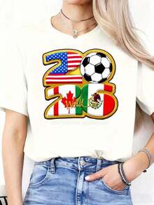 2026 World Cup Themed T-Shirt, 2026 World Cup T-Shirt, USA, Canada & Mexico Soccer Graphic Tee, 100% Pure Cotton, Fun, Printed, Crew Neck, Short Sleeve For Women, Suitable For: Sporting Events/Christmas Parties/Outings/Sports And Other Holiday Gifts, Unisex T-Shirt. - 白色 - 查看 1