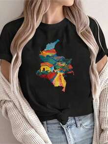 Camisetas Gráficas Casuales 2026 para Mujer, Manga Corta, Diseño Colorido con Paisajes - Estampado Vibrante, Cuello Redondo, Top de Verano, Lavable a Máquina, Estilo Urbano para Vacaciones, Diseño Moderno, Ajuste Cómodo, Ropa Casual 100% Algodón. - Negro - Ver 7