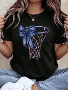 100% Cotton 1 Piece Women's Casual Graphic Basketball T-Shirt - Short Sleeve Crew Neck Casual T-Shirt With "Basketball" Print And Geometric Pattern. Comfortable Summer Activewear For Everyday Wear Or Basketball Game Parties. Perfect For Basketball Enthusiasts. Simple Solid Color Women's T-Shirt, 100% Soft Cotton, Loose And Fitted Cut, Casual Short Sleeves. - 黑色 - 查看 10