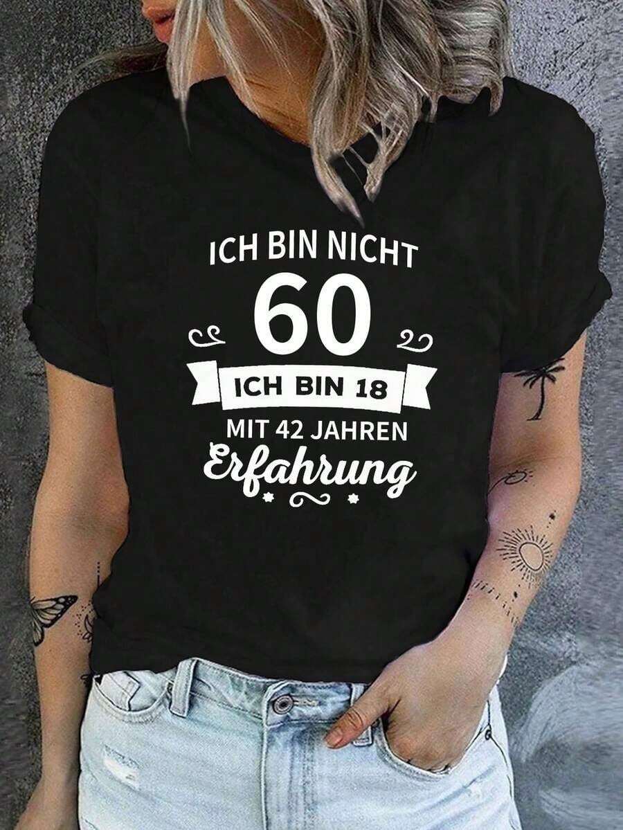 Women's T-Shirt With The Number 60 For A 60th Birthday - '60' Print, Short Sleeves, Round Neck, Comfortable And Casual Clothing For 60-Year-Old Women, Outfit Or Gift For Everyday Celebration. - 黑色 - 查看 1