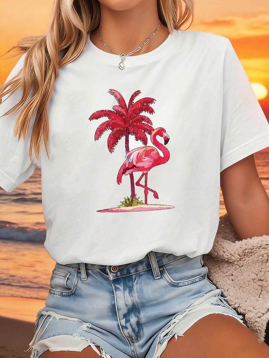 Plus Size Women's Casual Fashion T-Shirt With Palm And Flamingo Print, Ideal For Spring-Summer, Suitable For Daily Wear, Shopping, Parties, Commuting, Versatile And Stylish For Women. - 白色 - 查看 1