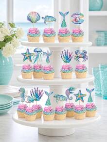 16pcs Ocean Themed Cupcake Toppers, Includes Watercolor Seashells, Starfish, Octopus, Turtles, Jellyfish Designs, Suitable For Ocean-Themed Baby Shower, Boys/Girls Ocean Birthday Party, Summer Tropical Party, Pool Party, Beach Party Decorations - A - View 7