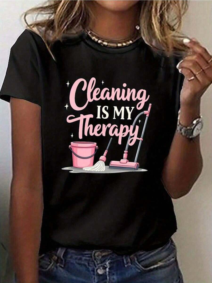 Funny Men's T-Shirt "Cleaning Is My Relaxation" 180g 100% Cotton Loose Fit Short Sleeve Crew Neck With Broom And Mop Graphic Pink Soft And Breathable T-Shirt For Cleaning And Casual Wear, Elegant Blouses For Women - 黑色 - 查看 1