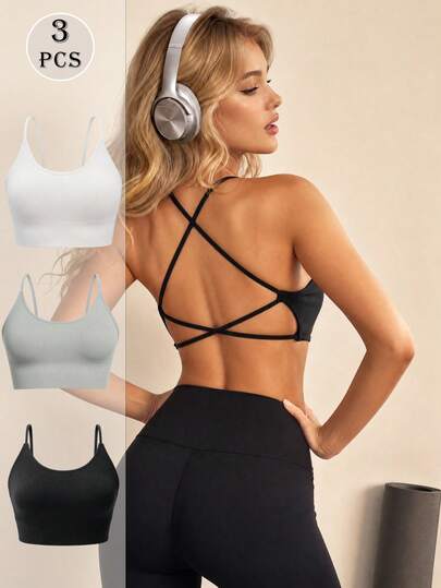 3 piezas Sujetadores sin costuras y sin espalda para mujeres, diseño de espalda cruzada, sujetadores deportivos de verano, inalámbricos, cómodos y transpirables