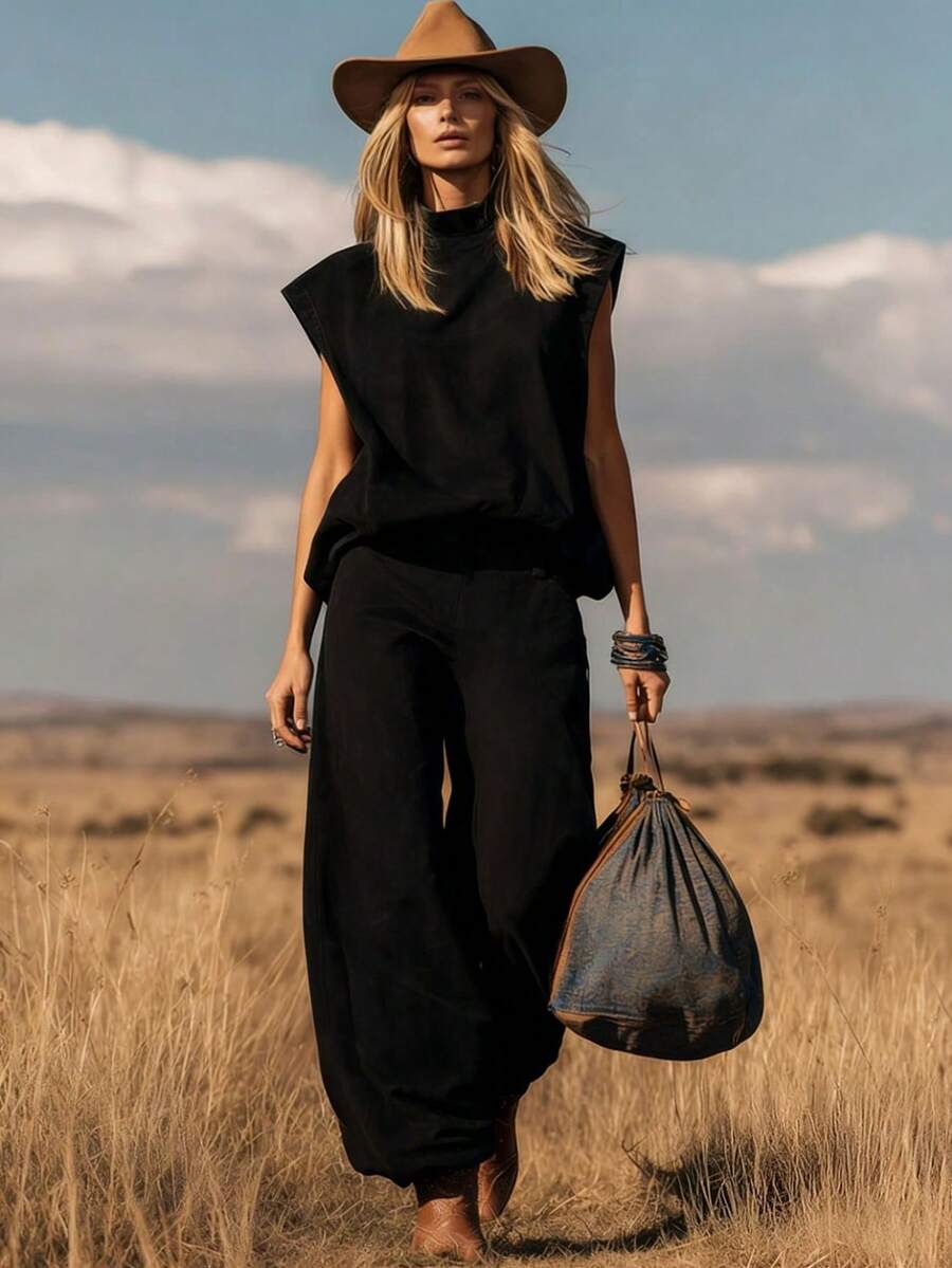 New Women's Fashion Outfit, Western Style, Sleeveless, Suede, Wide-Leg Pants With Tapered Hem, Flattering, Comfortable, Perfect For Autumn Looks, Theme Parties And Stylish Everyday Wear - 黑色 - 查看 1