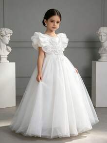 Girls Flower Girl Elegant Embroidered Bow Flutter Sleeve Mesh White Long Dress, Princess Dress For Birthday Party, Ball, Christening - White - View 3