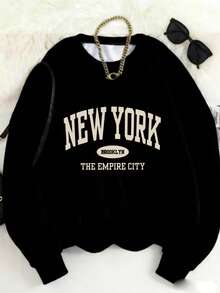 MSUCC|Women's Basic T-Shirt With Round Neck, Print, American Style, Modern And Youthful Design, Suitable For All Seasons And Everyday Wear, With Soft Fabric|Black Long-Sleeved Blouse With New York Brooklyn Print - 黑色 - 查看 1