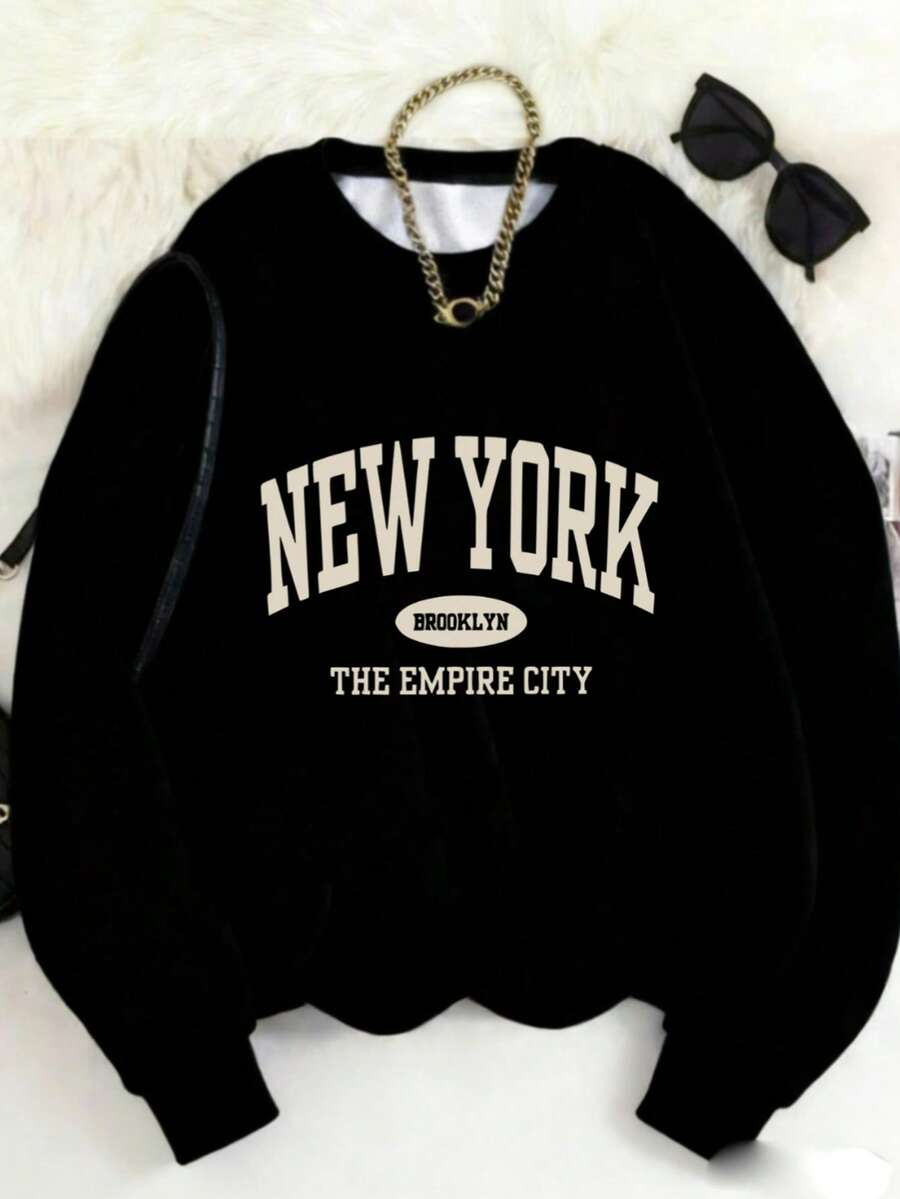MSUCC|Women's Basic T-Shirt With Round Neck, Print, American Style, Modern And Youthful Design, Suitable For All Seasons And Everyday Wear, With Soft Fabric|Black Long-Sleeved Blouse With New York Brooklyn Print - 黑色 - 查看 1