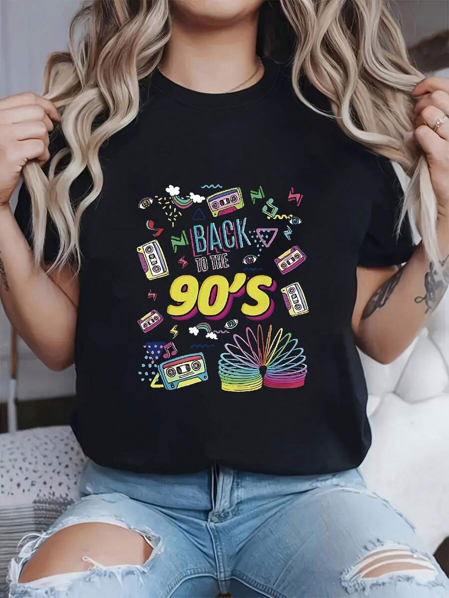 Women's 90s Retro T-Shirt - Casual Short Sleeve Crew Neck Blouse With Cassette Tape Print And 90s Graphics, Medium Stretch, Ideal For Spring/Summer, Compatible With 90s Retro Outfits. Women's Casual Printed T-Shirt, Short Sleeve Crew Neck, Spring/Summer Local Urban Fashion. - 黑色 - 查看 1