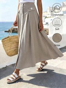 Women's Casual A-Line Skirt With Striped Front Buttons - 黑色 - View 11