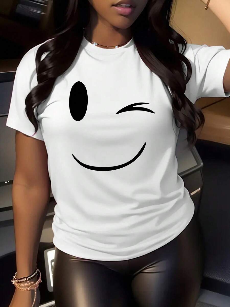Women's Casual Sports T-Shirt - White Elastic Round Neck T-Shirt With Black Face Graphic, Machine Washable, Comfortable Fit And For All Seasons, Perfect For Daily Wear And Casual Activities. - 白色 - 查看 1