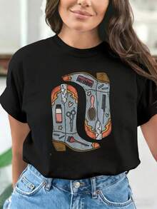 Women's Premium Printed Summer T-Shirt, Short Sleeve Women's One-Piece, Cowboy Boots And Barber Tools Print, Crew Neck, Pure Cotton Fabric, Comfortable And Breathable, Soft And Non-Irritating, Suitable For Daily Wear, Travel, Sports And Multiple Occasions, Sizes: S-XXL - 黑色 - 查看 12