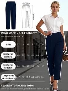 Pantalones de trabajo ajustados y acortados de color liso que ceñen la cintura - Azul Marino - Ver 12
