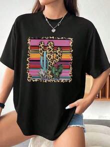 Women's Plus Size Western Desert Print T-Shirt With Cactus And Cowboy Boot Design, 1 Piece, Short Sleeve Graphic Tee, 100% Polyester, Novelty T-Shirt, Crew Neck, Casual Wear, Comfortable 220g Cotton T-Shirt - 黑色 - 查看 1