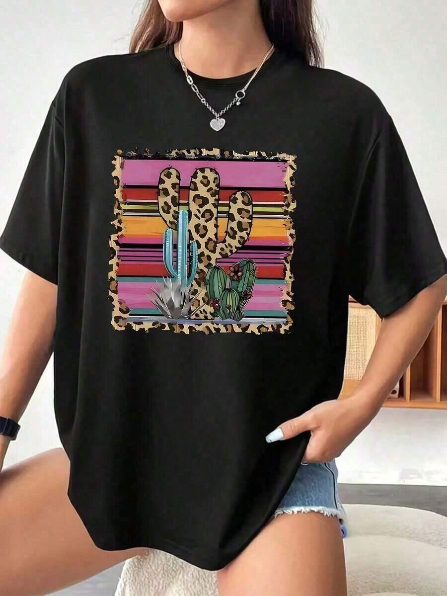Women's Plus Size Western Desert Print T-Shirt With Cactus And Cowboy Boot Design, 1 Piece, Short Sleeve Graphic Tee, 100% Polyester, Novelty T-Shirt, Crew Neck, Casual Wear, Comfortable 220g Cotton T-Shirt - 黑色 - 查看 1