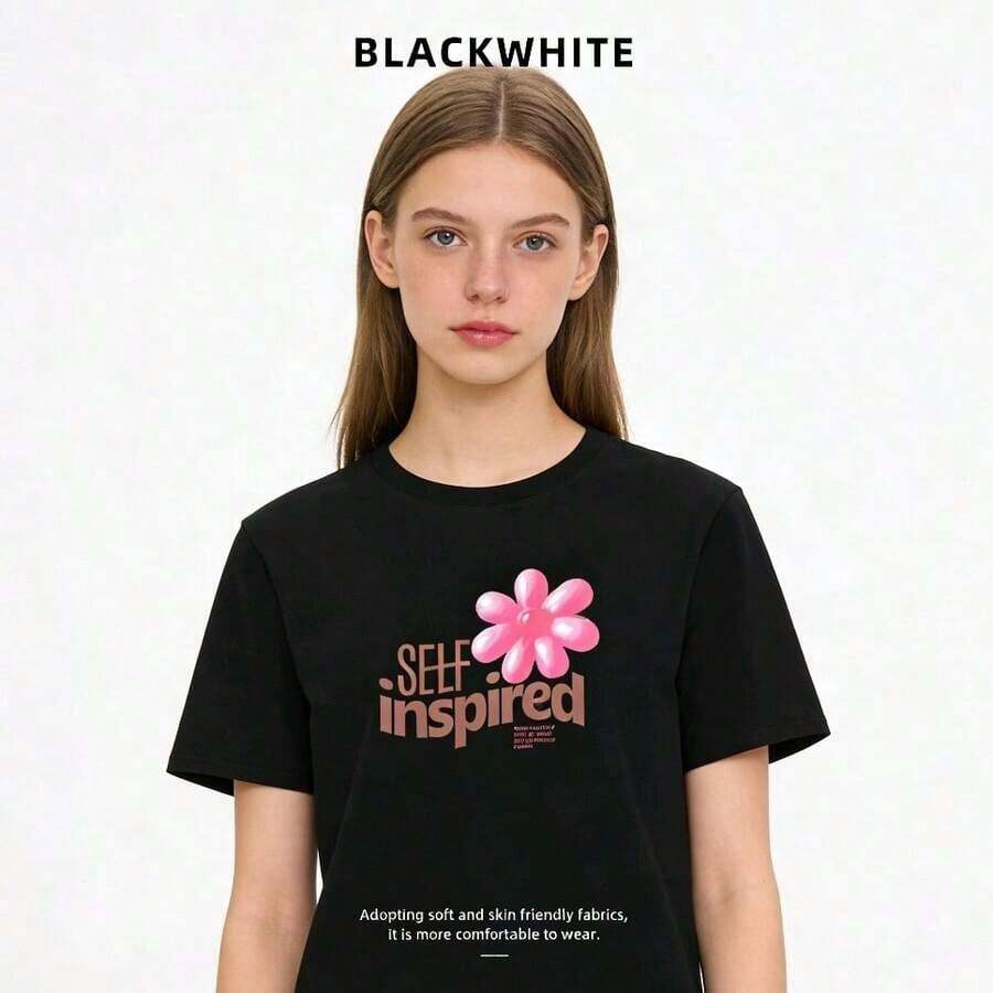 Women's Summer Outfits, Short Sleeve T-Shirt With Feminine Print, Sweet And Fresh Style, Casual, Thick Cotton, 100% Cotton - 黑色 - 查看 1