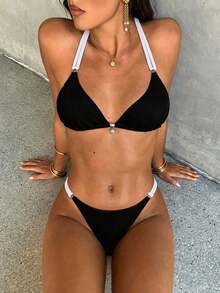 Conjunto de bikini para mujer de color liso con tirantes ajustables y colgante de perla, sexy para el verano - Blanco y Negro - Ver 1