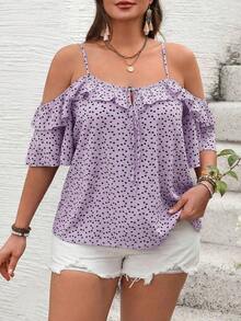 Camiseta romántica con volantes y escote descubierto de corazoncitos para vacaciones, talla grande.Ideal para fiesta casual, picnic o San Valentín. - Púrpura polvoriento - Ver 4