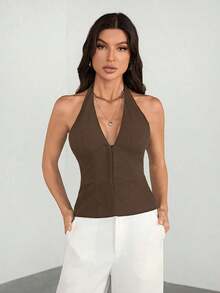 Tall Blazer casual de unicolor con cuello en V para mujer, top de traje tejido - Conjunto de otoño vintage seductor de oficina para maestras - Marrón - Ver 6