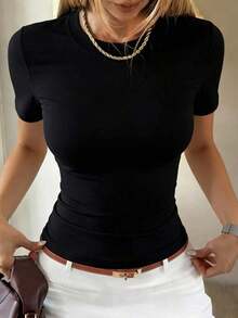 Camiseta de manga corta minimalista de unicolor para mujer, uso casual de todos los días en verano - Negro 2 - Ver 1
