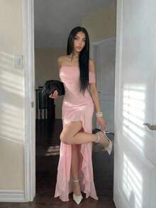 Vestido ajustado con volantes y hombros descubiertos de unicolor elegante para mujer, vestido de mujer en degradado de color rosa - Rosa - Ver 1