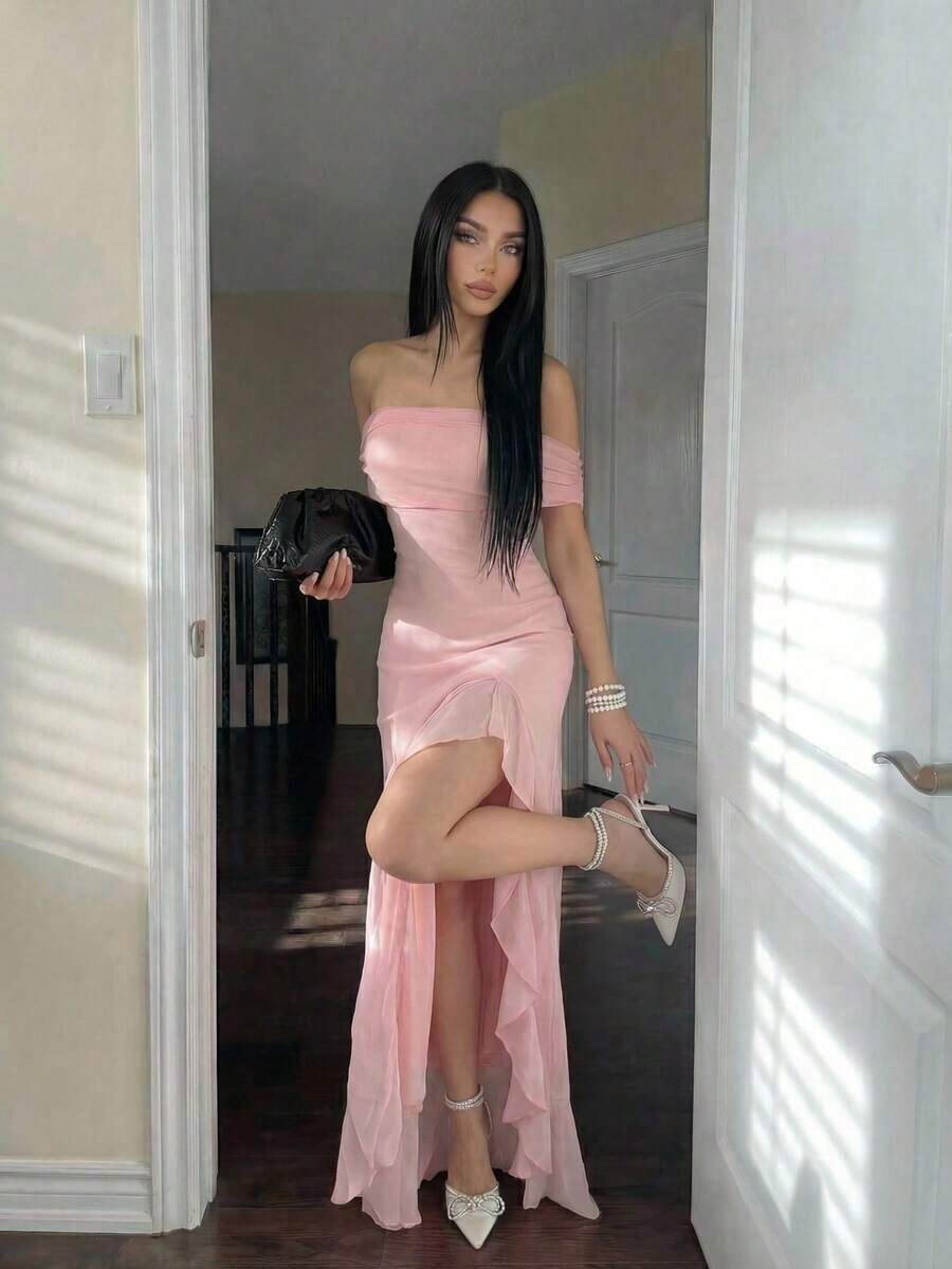Vestido ajustado con volantes y hombros descubiertos de unicolor elegante para mujer, vestido de mujer en degradado de color rosa - Rosa - Ver 1