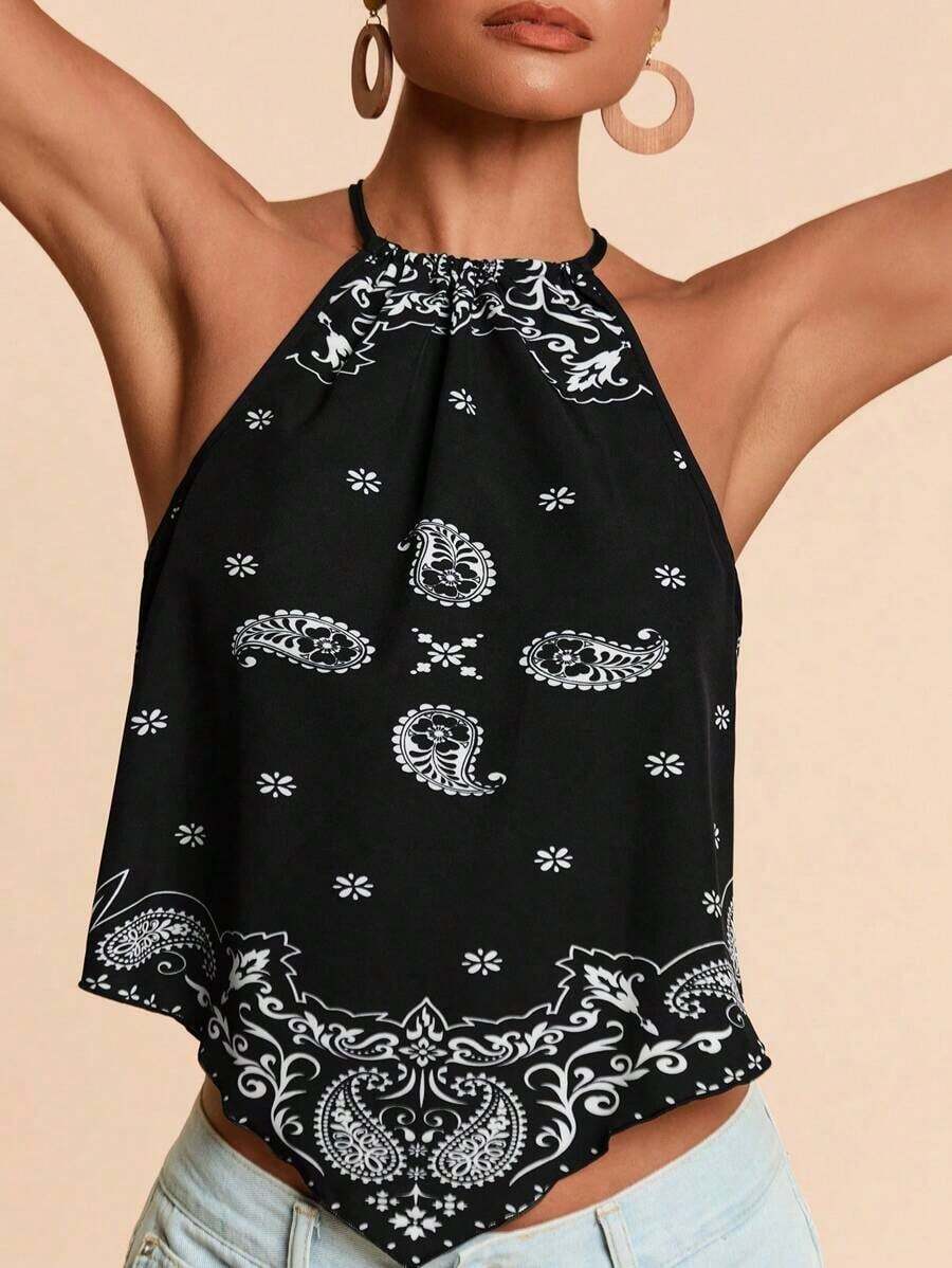 Top de tirantes tejido con estampado de vacaciones para mujer - Blanco y Negro - Ver 1