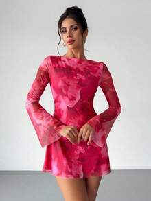 Vestido mini minimalista, elegante y sexy de lunares blanco y negro para mujer, estilo retro con cuello barco, mangas acampanadas, cintura alta y línea A, ideal para primavera/verano, Día de San Valentín - Rojo - Ver 8