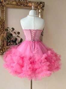 Elegante y lujoso vestido corto hecho a mano con aplicaciones bordadas, encaje de ganchillo y parches de satén, con abertura en la cintura, adecuado para citas, fiestas de solteros, galas, bailes, Día de San Valentín - Rosa - Ver 4