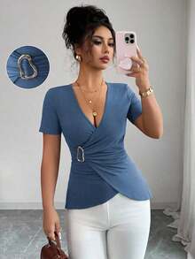 Camiseta de ajuste ceñido de color liso elegante para mujer en verano - Azul marino - Ver 1