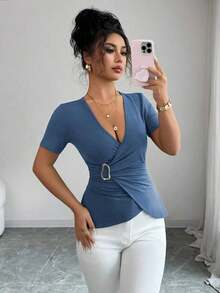 Camiseta de ajuste ceñido de color liso elegante para mujer en verano - Azul marino - Ver 3
