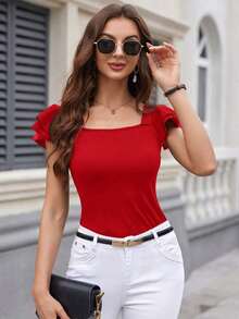 Camiseta casual de mujer de verano con cuello cuadrado, manga corta con volantes y unicolor - Rojo - Ver 4
