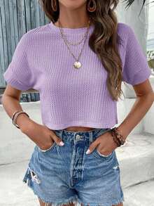 Camiseta corta de manga de murciélago color rosa sólido de primavera - Lila Púrpura - Ver 9