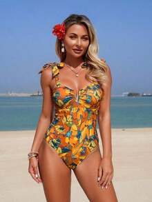 Swim Basics 1 pieza Traje de baño de una sola pieza con estampado sólido y floral y tirantes de espagueti anudados para mujer - Amarillo - Ver 4